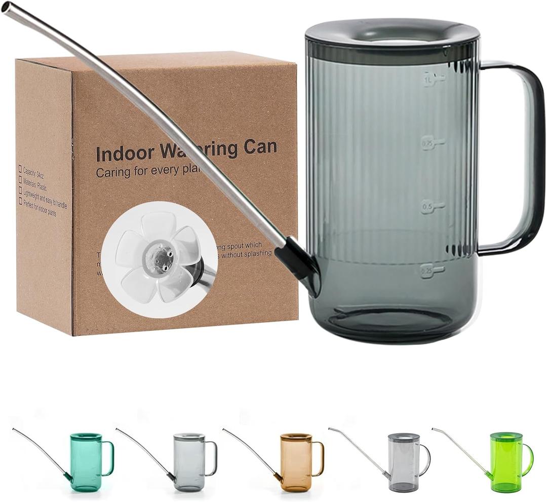 Long Spout Watering Can Indoor, Small Watering Cans for House Plants, Flowers, Succulents, 34oz (Grey) (Gray)