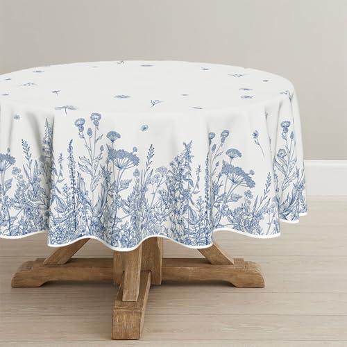 Horaldaily Spring Summer Tablecloth 90×90 Inch Round, Wild Flowers Floral Blue Washable Seasonal Table Cover for Party Picnic Dinner Decor