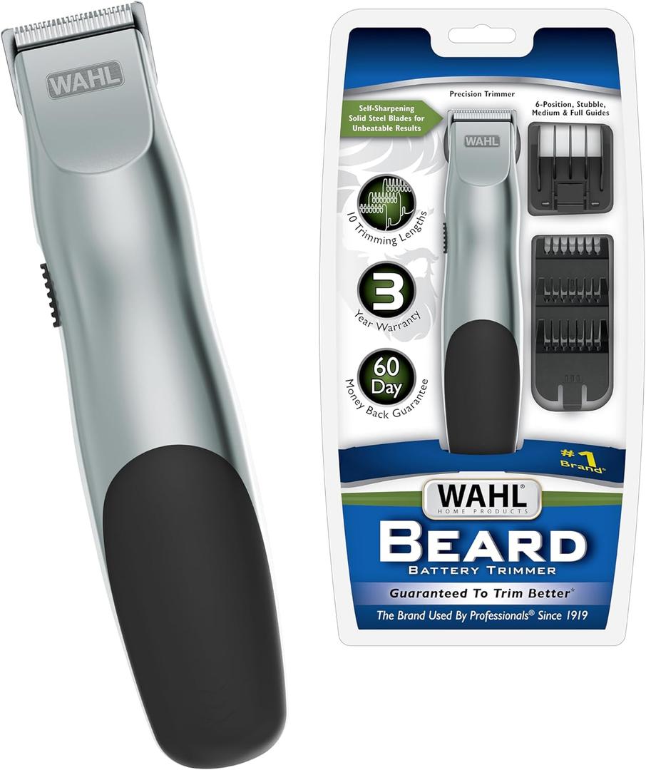 Wahl Groomsman Battery Operated Facial Hair Trimmer for Beard & Mustache Trimming Including Light Detailing and Body Grooming  Model 9906-717V (Silver)