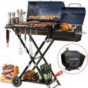 Portable Charcoal Grill with Smoking Function, Foldable Suitcase Design with Wheels, Multi-Tier Storage Rack & Waterproof Cover for Outdoor BBQ Parties (Blue)