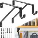 Pisman 10 Inch Heavy Duty Closet Rod Bracket Adjustable 2-Pack, Closet Rod Support with Shelf Bracket and Rod Holders - Black Steel Clothes Hanger for Bedroom, Laundry Room Storage