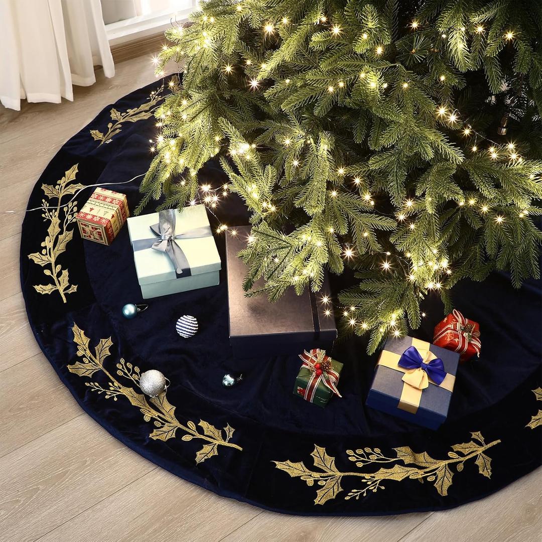 72 Inch Christmas Tree Skirt Velvet Xmas Tree Skirt with Gold Embroidery Holly Leaf Decorations for Christmas Party Favors Holiday New Year Decor(Blue)