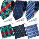 Berlune 3 Set Christmas Ties for Men Xmas Funny Holiday Necktie Pocket Square Tie Clips Set Vacation Festive Necktie Gift