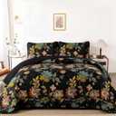 WONGS BEDDING Floral Quilt Set King,3 Pieces Vintage Botanical King Bedspread,Black Floral Quilt Bedding Set with 2 Pillowcases,Soft Lightweight Microfiber Coverlet Set for All Season(104"X90")