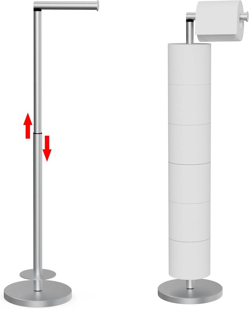 Toilet Paper Holder Stand 1 pc, Height Adjustable, Reserve Tissue for 6 Spare Rolls, Bathroom Storage, Rustproof with SUS304 Stainless Steel (Brushed Nickel)