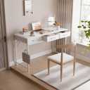 Pamray 47 Inch Small Computer Desk with 3 Drawers for Bedroom Study Writing Home Office Table for Small Spaces White