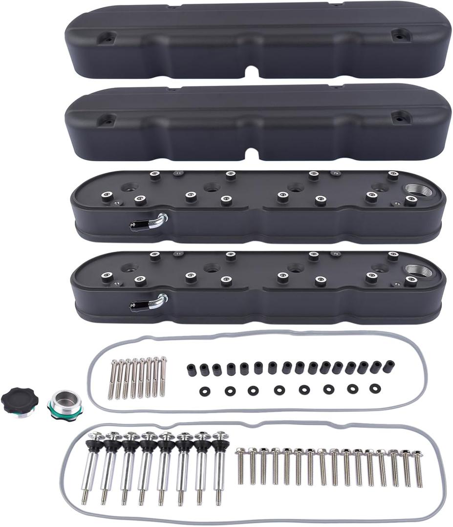 Black LS Smooth Cast Aluminum Valve Covers with Coil Mounts & Covers Replacement for Chevy Small Block SB V8 293 325 346 364 376 427 Ci