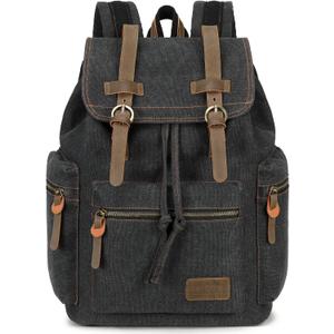 Bluboon Vintage Backpack Leather Trim Casual Bookbag Men Women Laptop Travel Rucksack (Black)