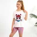 Girls Summer Outfits Cute Graphic Crewneck Short Sleeve T Shirts and Biker Shorts Set Colorful Athletic Outfit 4-12T (White)