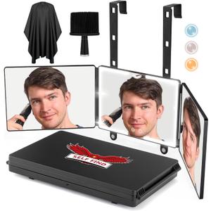 SELF FIND 2.0 Large Size 3 Way Self Hair Cutting Mirror with 3 Color Ring Light, Premium Rechargeable 360 Barber Mirror with Height and Light Adjustable