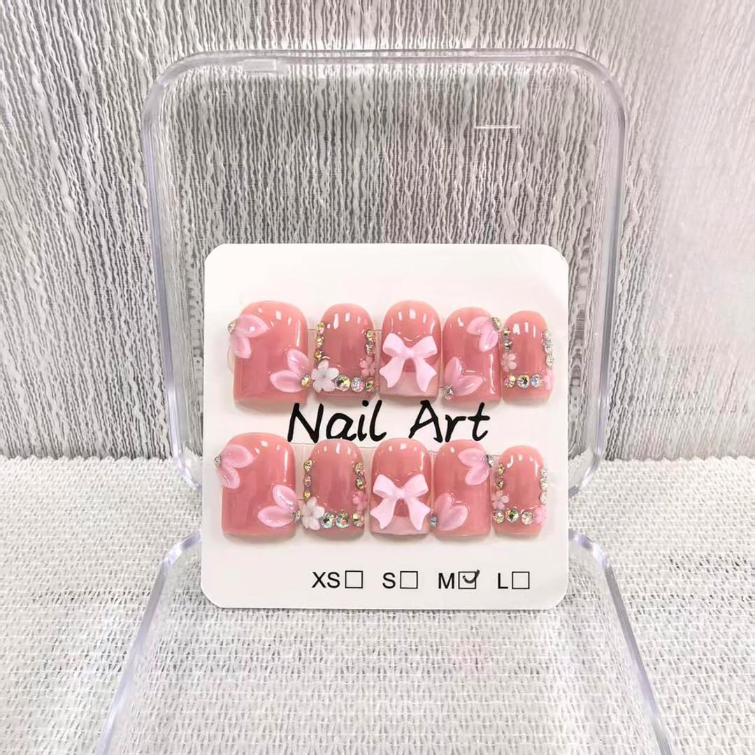Square Short Press on Nails Handmade Fake Nails Pink French Tip with 3D Bow Designs luxury Rhinestones Glossy Cute Acrylic Nails for Women 10pcs (Size M (Pink RJDFF1-4)