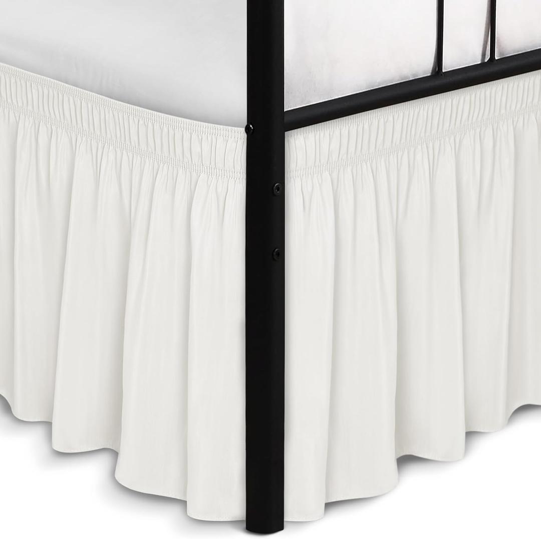 Biscaynebay Wrap Around Bed Skirts with Split Corners for King Beds 14" Drop, Ivory Elastic Dust Ruffles Adjustable Easy Fit Wrinkle & Fade Resistant Silky Luxurious Fabric Machine Washable