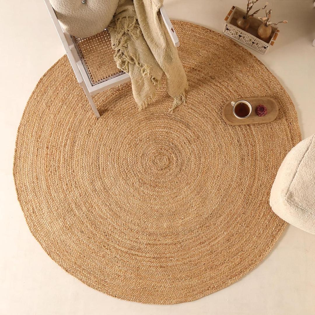 Handwoven 6FT Round Natural Jute Area Rug Rustic Reversible Solid Farmhouse Rug for Bedroom Living Room Dining Room and Office