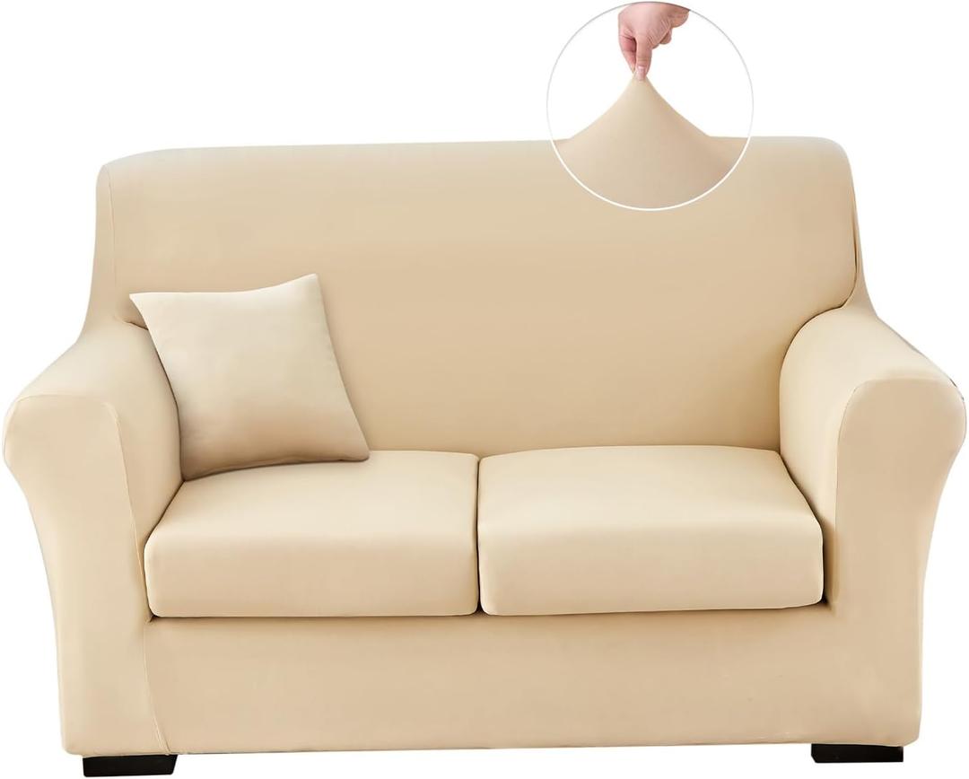 Stretch Sofa Cover Couch Covers, 4-Piece Loveseat Slipcovers with 2 Separate Cushion Cover & 1 Pillow Case, Washable Soft Spandex Furniture Protector for Living Room(Loveseat, Beige)