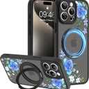 AIGOMARA 360 Spin Magnetic Stand for iPhone 15 Pro Case,Compatible with MagSafe,Flower Pattern with Soft TPU and PC Back Protection Semi-Transparent Frosted Design for Women Blue