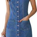 luvamia Denim Dresses for Women Sleeveless Stretchy Jean Summer Casual Western Short Button Down Dress with Patch Pocket (X-Small, Classic Blue)