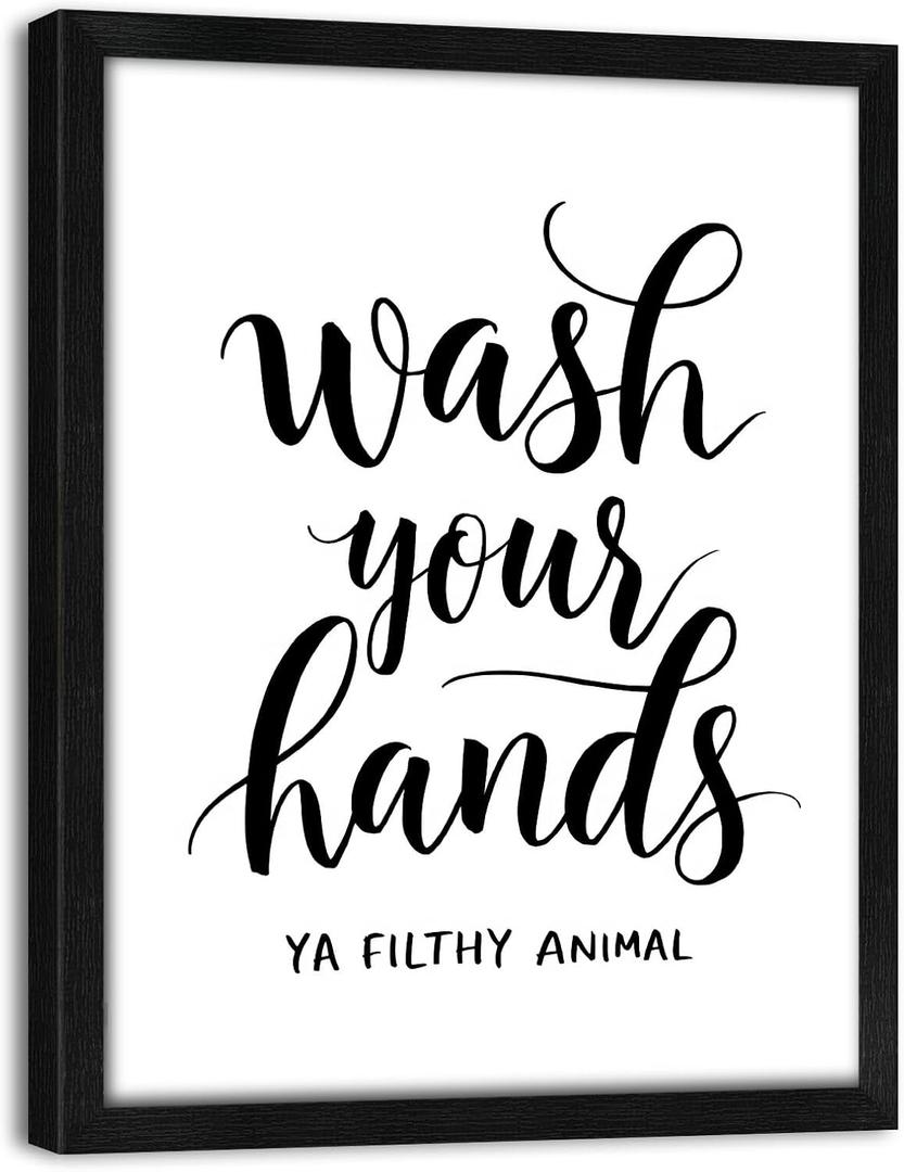 Funny Bathroom Wall Art Framed Canvas Decor 11x14 Inches, Black and White Modern Wall Decor Wash Your Hands Ya Filthy Animal Canvas Pictures Prints for Kid's Bathroom Wall Decor