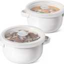 LE TAUCI Soup Bowls with Handles and Silicone Lids, 28 oz Ceramic Ramen Bowl Microwavable, Oven Safe French Onion Soup Bowls for Noodles and Cereal, Lead & Cadmium Free Soup Crocks, Set of 2, White