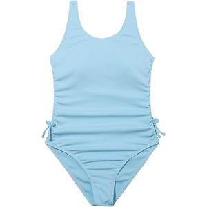 OYOANGLE Girl's Cute Spaghetti Straps Round Neck Drawstring One Piece Swimwear Tie Bathing Suit Pastel Blue 10