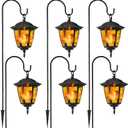 Dynaming 6 Pack Solar Flame Hanging Lights Outdoor, Halloween Solar Flickering Flame LED Garden Lanterns with 6 x 38 Inch Shepherd Hooks, Christmas Lighting for Lawn Patio Yard Pathway Driveway (Warm White)