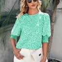 Teurkia Women's Polka Dot 3/4 Sleeve Blouse Tops Ladies Casual Office Work Crew Neck T-Shirt (Green, L)