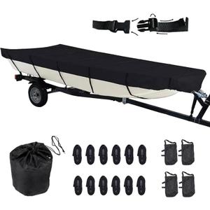 Jon Boat Cover 12ft 420D Waterproof Trailerable Jon Boat Upgraded Version with Additional Fixing Accessories Scratch-Resistant All-Weather Protection (12ft Long,Beam Width up to 56in, Black)