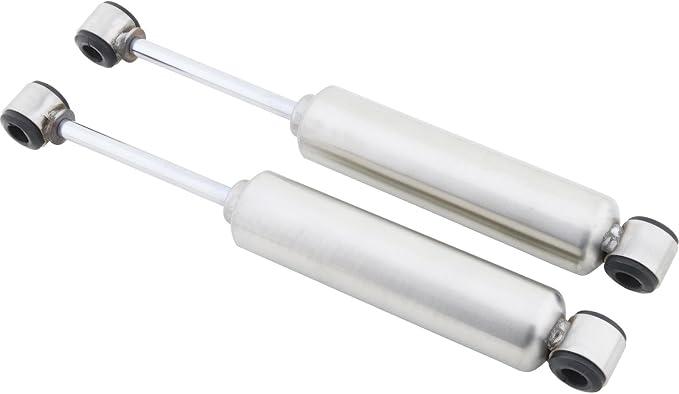 Short Gas Twin Tube Shocks, Universal Fit, Natural Stainless Steel Pair
9-5/8" Compressed Length, 14-5/8" Extended Length, 5/8" I.D. Eyelets, Used with 5/8" or 1/2" bolts, Front or Rear Use