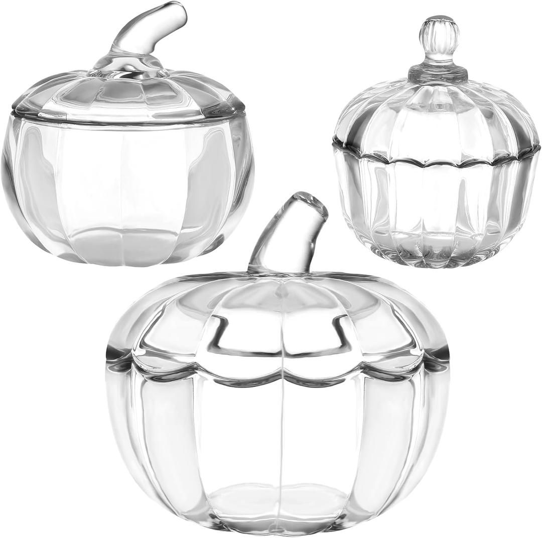 3Pcs Glass Pumpkin Jar with Lids Crystal Candy Dish Clear Apothecary Jar Covered Candy Bowl Cute Jewelry Cookie Snack Box for Home Party Wedding Office Desk