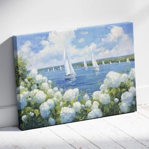 Seaside Hydrangea Wall Art Coastal Sailboat Print Nantucket Artwork for Walls Vintage Hydrangea Poster Seascape Landscape Pictures Coastal Beach Paintings Sailboat Artwork 24x16inch Framed