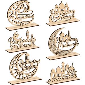 Hoolerry 6 Pcs Eid Mubarak Table Decorations Wood Ramadan Decorations for Home Eid Mubarak Table Wood Signs Moon Hollow Star Tabletop Decor for Muslim Ramadan Home Kitchen Room Decor Supplies