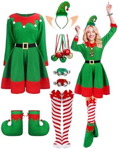 Suhine 12 Pcs Women Christmas Elf Costume Santa's Helpers Dress Outfit Elf Hat Bells Ears Shoes Xmas Fancy for Party XL