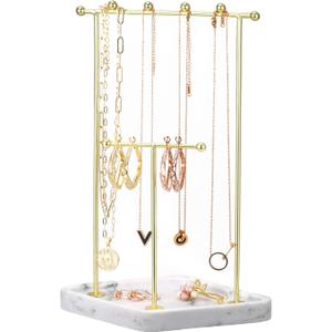 Emibele Jewelry Stand Organizer, 2 Tier Jewelry Holder for Necklace Bracelet Earrings, Jewelry Tree Stand with Gold Metal Rack and White Marble Tray