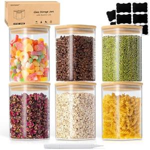 SENTVEND 37 Oz Glass Storage Jars with Bamboo Lids - 6 Pack Clear Glass Canisters Square Airtight Stackable Ideal for Pantry Storage Containers Organizers Great for Storing Oats Coffee Beans Nuts etc