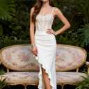 Womens Slip Satin Corset Maxi Dress Sexy High Slit Backless Lace Up Formal Prom Wedding Guest Bridesmaid Dresses (White, S)