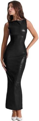 XLLAIS Women's Faux PU Leather Bodycon Maxi Dress Sexy Boatneck Tank Long Dresses XL