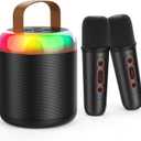 Mini Karaoke Machine for Kids Portable Bluetooth 5.3 Speaker Led Lights with 2 Wireless Microphones Karaoke Toy Gifts for Girls Boys Audlt Birthday Christmas Solid Metal Body (Black)
