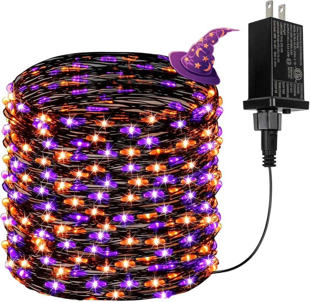 66Ft 200 LED Halloween Fairy Lights Plug in, 8 Modes String Lights with Timer for Outdoor & Indoor, Waterproof Twinkle Lights for Bedroom Garden Party Patio Halloween Decorations (Purple & Orange)