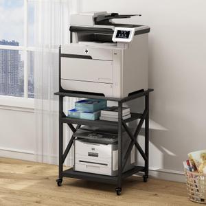 Printer Stand, 23.6 x 23.6 x 30.1 Inches Large Square Printer Table with Height Adjustable Storage Shelf, 3 Tier Rolling Printer Cart with Industrial Wheels for Home Office - Black