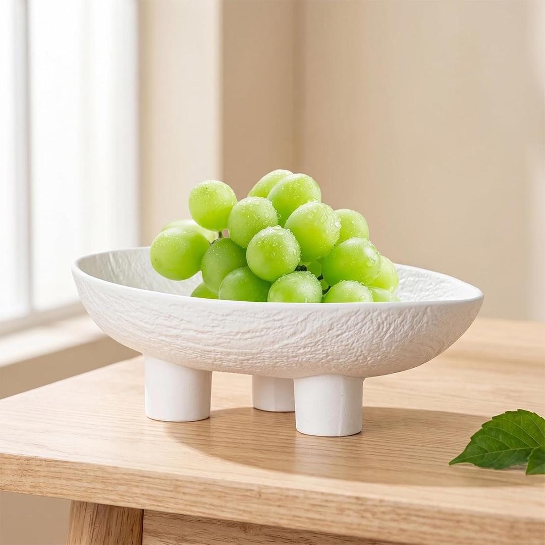 Ceramic Fruit Bowl, 10 Inch Decorative Bowl, Three-Legs Oval Large Fruit Bowl for Kitchen Counter Décor, Pedestal Bowls Key Candy Bowl for Home Decor (White), 10.24*6.1*3.54inch