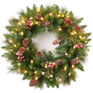 Amaoasis Pre-Lit Christmas Wreath, Decorated Frosted Berries, Pinecones, 50 LED Lights with Timer, Battery Operated, Holiday Decoration for Front Door, Outdoor 24 Inch