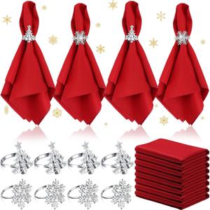 EBOOT 16 PCS Christmas Napkins and Ring Set 8 PCS Red Washable Napkins Cloth Fabric and 8 Christmas Rings Holder for Xmas Holiday Dinner Party Table Decoration(Snowflake, Tree)