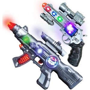 ArtCreativity LED Light Up Toy Gun Set - 2 Guns: 12.5 Assault Rifle & 9 Hand Pistol with Colorful Flashing LEDs & Sound, Super Ray Gun Blasters for Kids - Batteries Included
