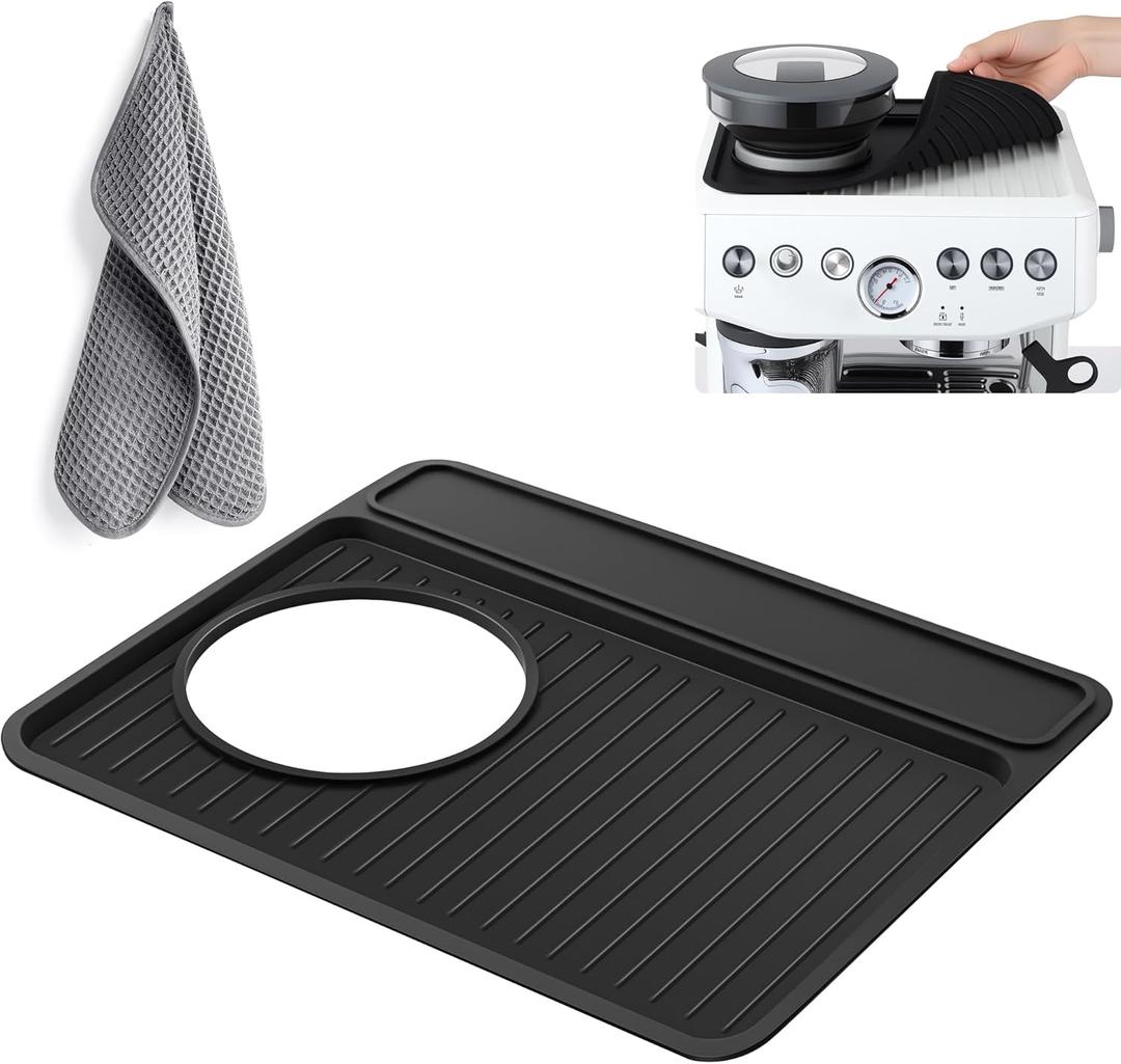 Espresso Machine Tamping Mat Accessories Compatible with Breville 870/880, Espresso Tamper Mat and Microfiber Cloths, Food Grade Silicone and Barista towel for Coffee Bar Accessories(Black)