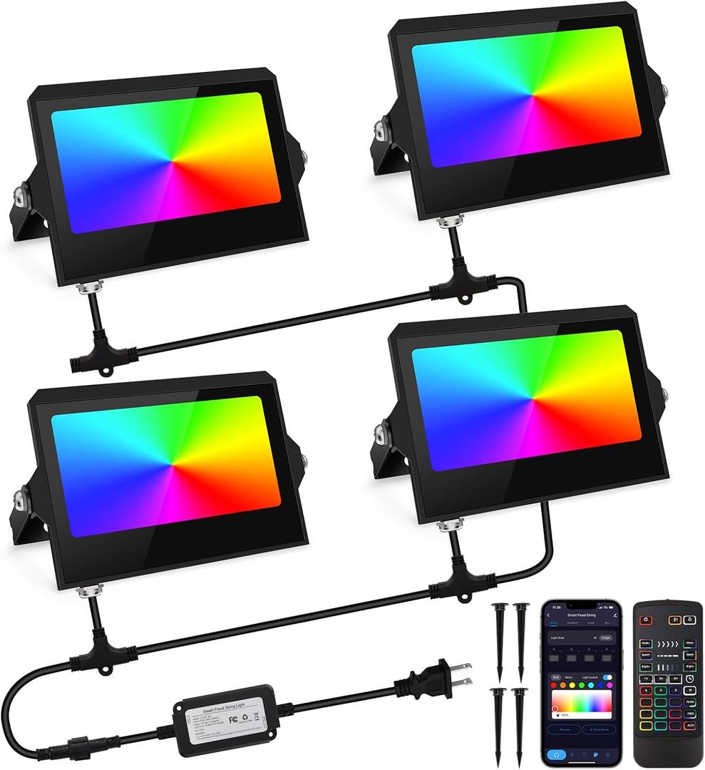 LED Flood Light Outdoor, RGBW Floodlight App / Remote / Voice Control, IP66 Waterproof 300W Equivalent Uplight, DIY Scenes/Timing YAYZA!