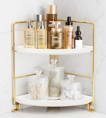 FSyueyun 2-Tier Corner Bathroom Counter Organizer, Tool-Less Installation Vanity Shelf Small Plastics Countertop Makeup Tray Skincare Perfume Organizers (Gold)