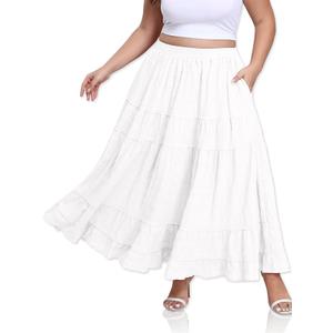 LassDazz Women's Plus Size Maxi Skirt Layered Tiered Long Skirts High Waisted A Line Flowy Maxi Skirt with Pockets White XX-Large Plus