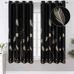 Estelar Textiler Grommet Window Black Blackout Drapes Energy Saving Light Blocking Blacout Curtains with Gold Leaf and Wheat Field Styled Curtains for Bedroom, 52Wx63L, Set of 2 Panels