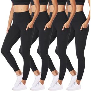 NexiEpoch 4 Pack Leggings for Women - High Waisted Tummy Control Soft Black Capri Yoga Pants with Pockets for Workout (Small-Medium)