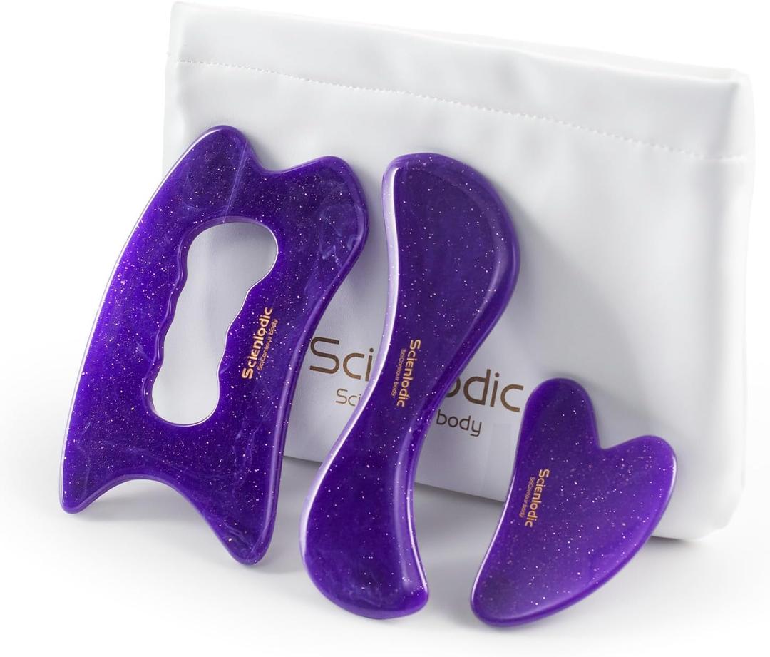 Scienlodic 3 Pcs Gua Sha Massage Tools for Face & Body (Purple, Resin) - Scraping Tools for Back, Legs & Muscle Relaxation, Guasha Facial Tool for Jawline Contouring & Puffiness Reduction