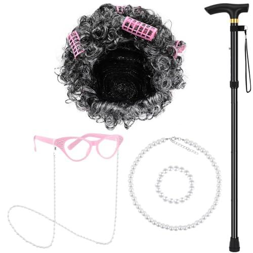 Matiniy 9 PCS Old Lady Wig Set for Women Include Wig Glasses Necklace Bracelet Glasses Chain Bag Cane and Stickers (Style7)